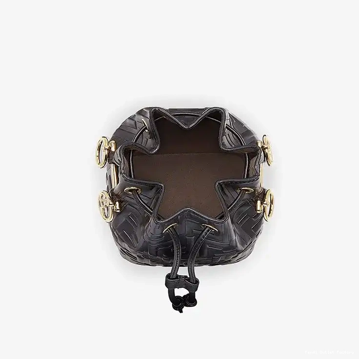 Affordable HOT Mon Mini Fendi FF Bag In Bucket Motif Black Tresor Leather Calf 0704